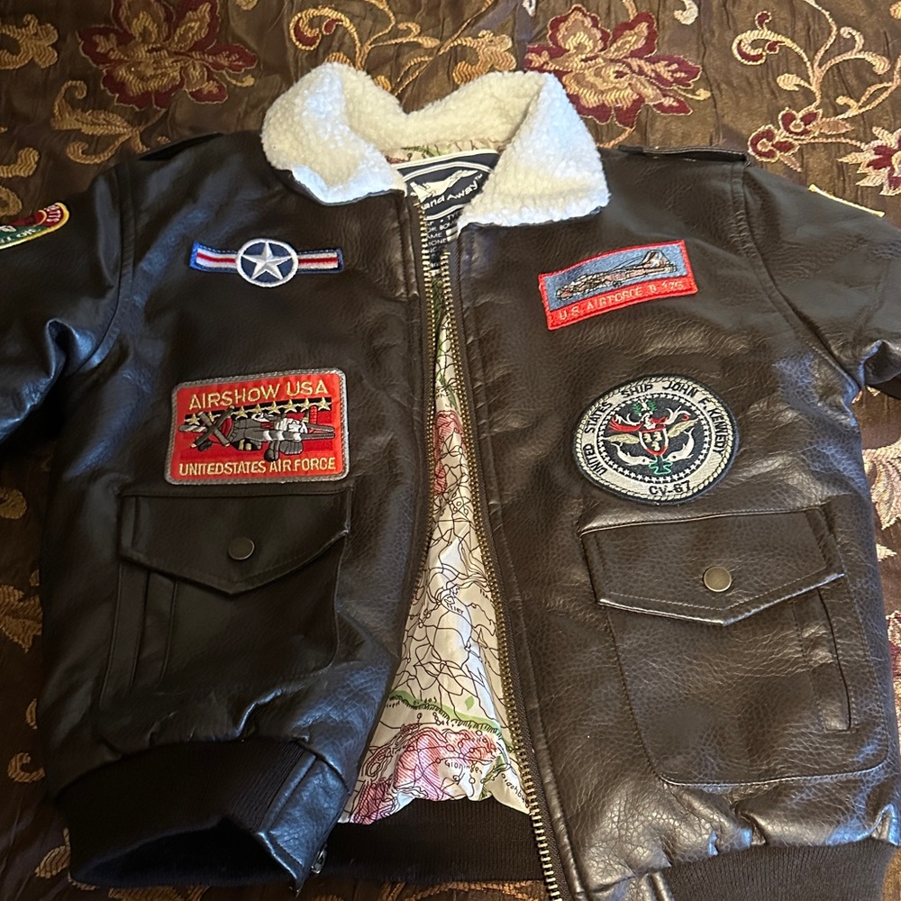 Kids Faux Leather Aviator Jacket with Patches